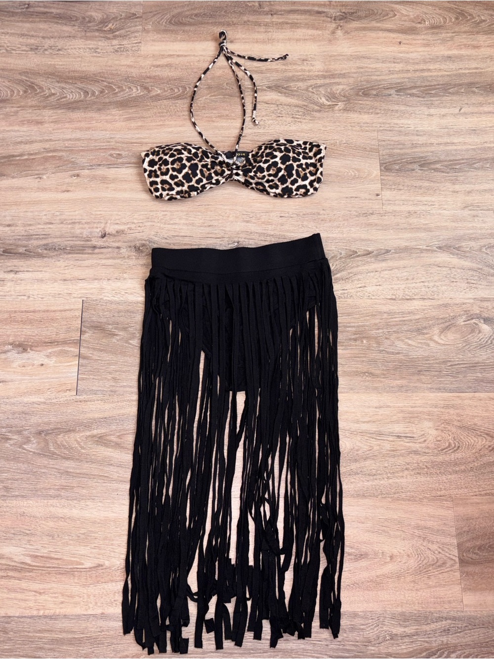 2pc Black Fringe Skirt and Leopard Bandeau Top Set. Size Large